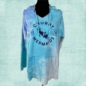 Save The Chubby Mermaids Manatee Long Sleeve Hoodie Sweatshirt Blue Tie Dye S